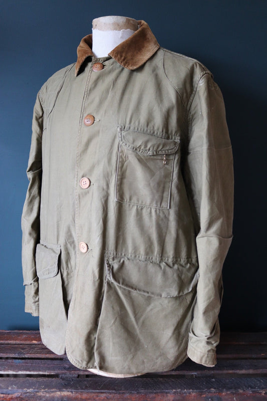 Vintage 1950s 50s Hettrick green brown duck cotton canvas jacket hunting shooting American Talon zipper 52” chest workwear chore work