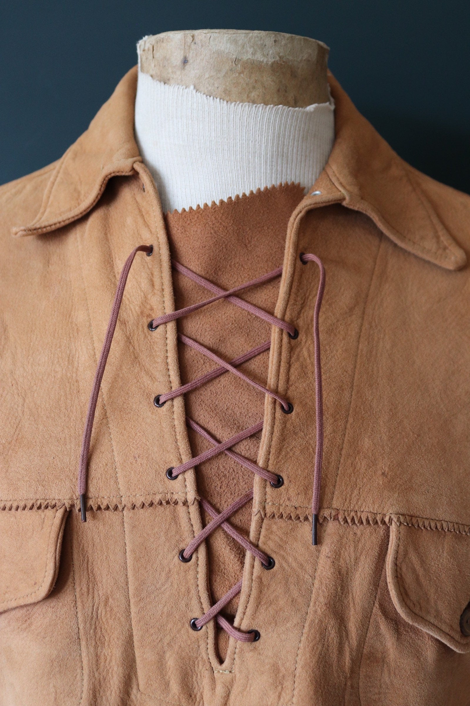 Vintage 1950s 50s 1960s 60s brown buckskin suede lace up shirt western cowboy 42” chest Sport Togs Rodeo