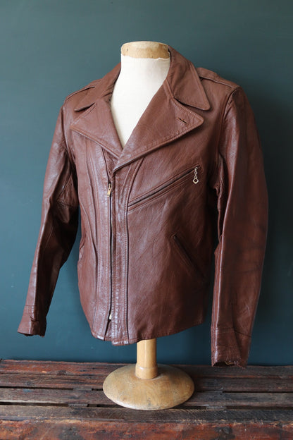 Vintage 1930s 1940s 40s leather jacket California Sportswear goatskin Talon sunburst zipper biker 42” chest aviator