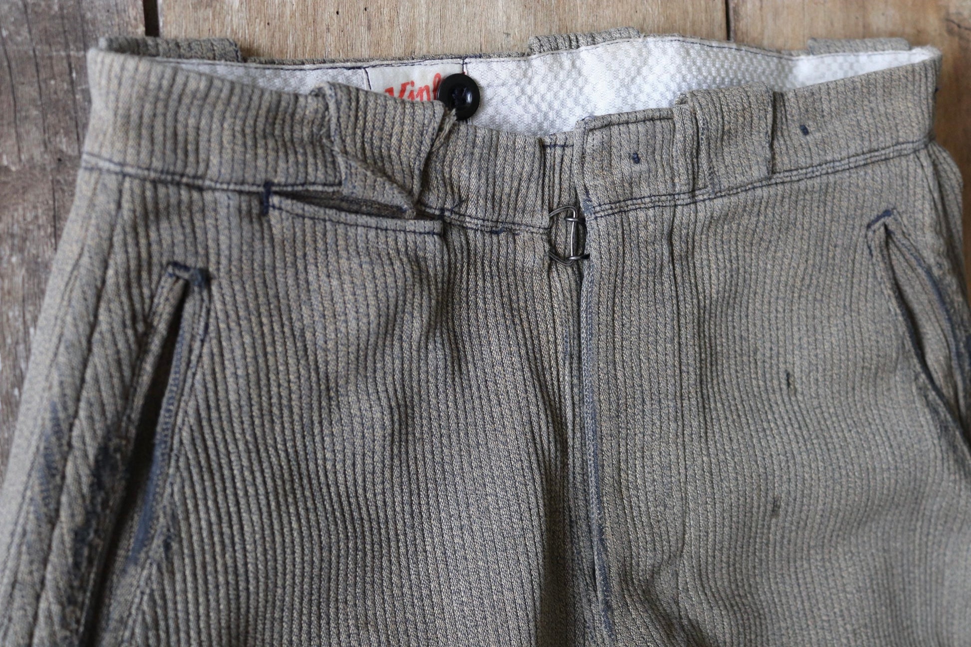 Vintage French workwear trousers 1950s brown pique coutil corduroy hunting riding breeches darned repaired 29” x 24.5” jodhpurs