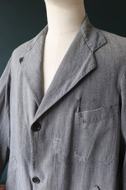 Vintage French workwear jacket 1950s salt pepper grey work coat overall factory machinist shopkeeper 44” chest