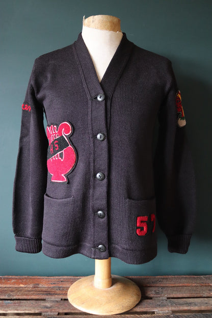 Vintage varsity sweater 1950s 50s American USA black wool knitted Ivy League style rockabilly mod patch jumper cardigan knitwear 38” chest