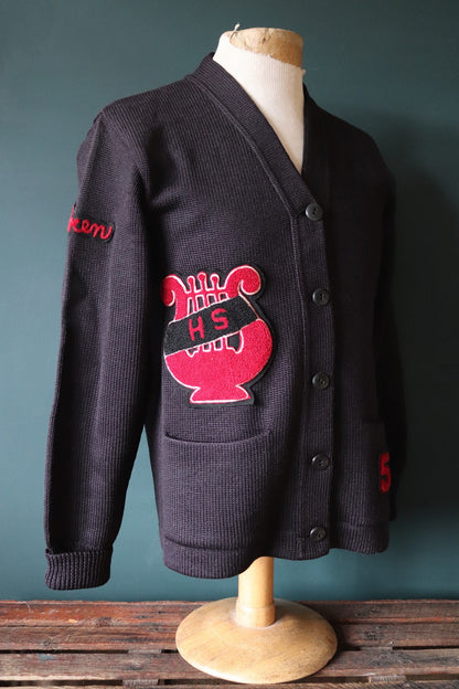 Vintage varsity sweater 1950s 50s American USA black wool knitted Ivy League style rockabilly mod patch jumper cardigan knitwear 38” chest