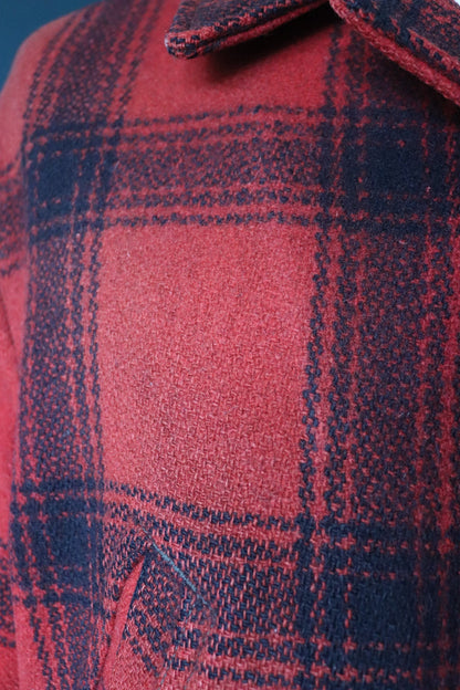 Vintage 1960s 60s red black buffalo plaid checked wool jacket mackinaw hunting workwear work chore 50” chest faded