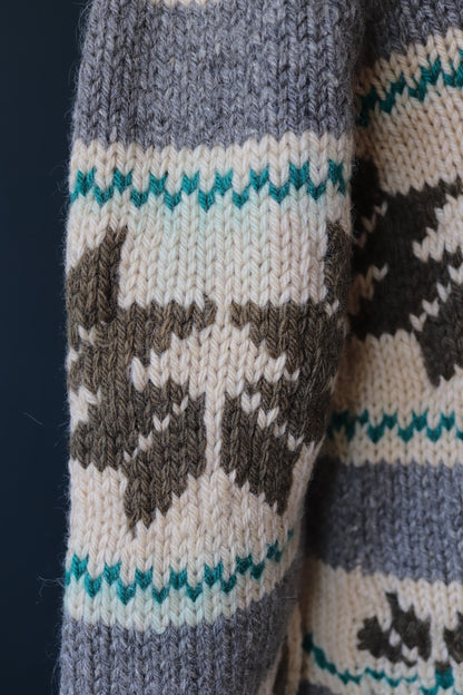 Vintage 1960s hand knitted wool cowichan sweater cardigan jumper knit snowflake cream grey green shawl collar 42” chest