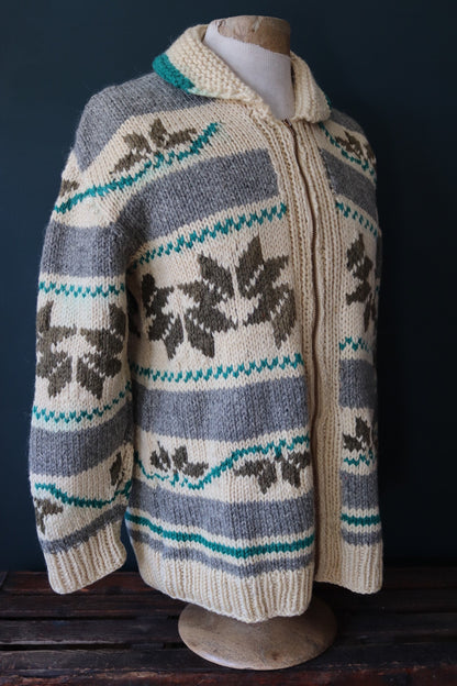 Vintage 1960s hand knitted wool cowichan sweater cardigan jumper knit snowflake cream grey green shawl collar 42” chest