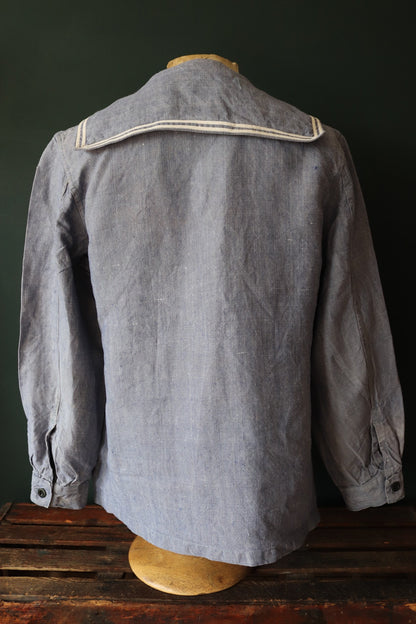 Vintage French linen shirt Marine Nationale Navy 1960s naval crackerjack bib top jumper indigo 43” chest military workwear work sailor
