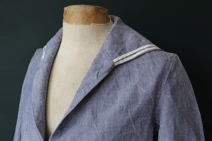 Vintage French linen shirt Marine Nationale 1960s Navy naval crackerjack bib top jumper indigo 43” chest military workwear work sailor