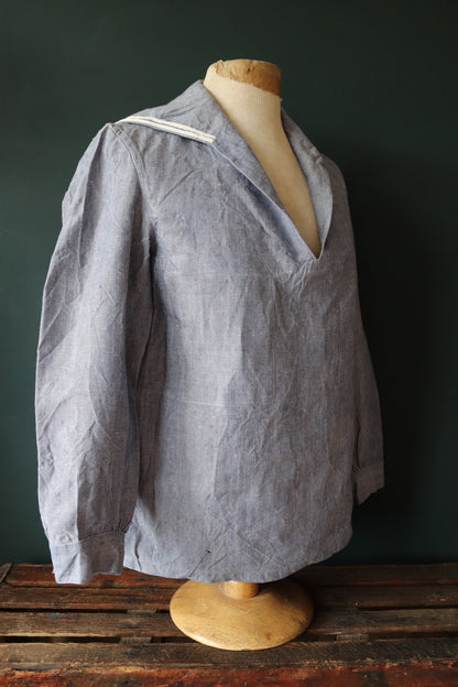 Vintage French linen shirt Marine Nationale 1960s Navy naval crackerjack bib top jumper indigo 43” chest military workwear work sailor