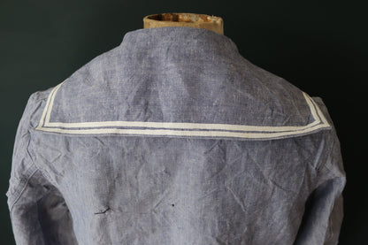 Vintage French linen shirt Marine Nationale 1960s Navy naval crackerjack bib top jumper indigo 43” chest military workwear work sailor