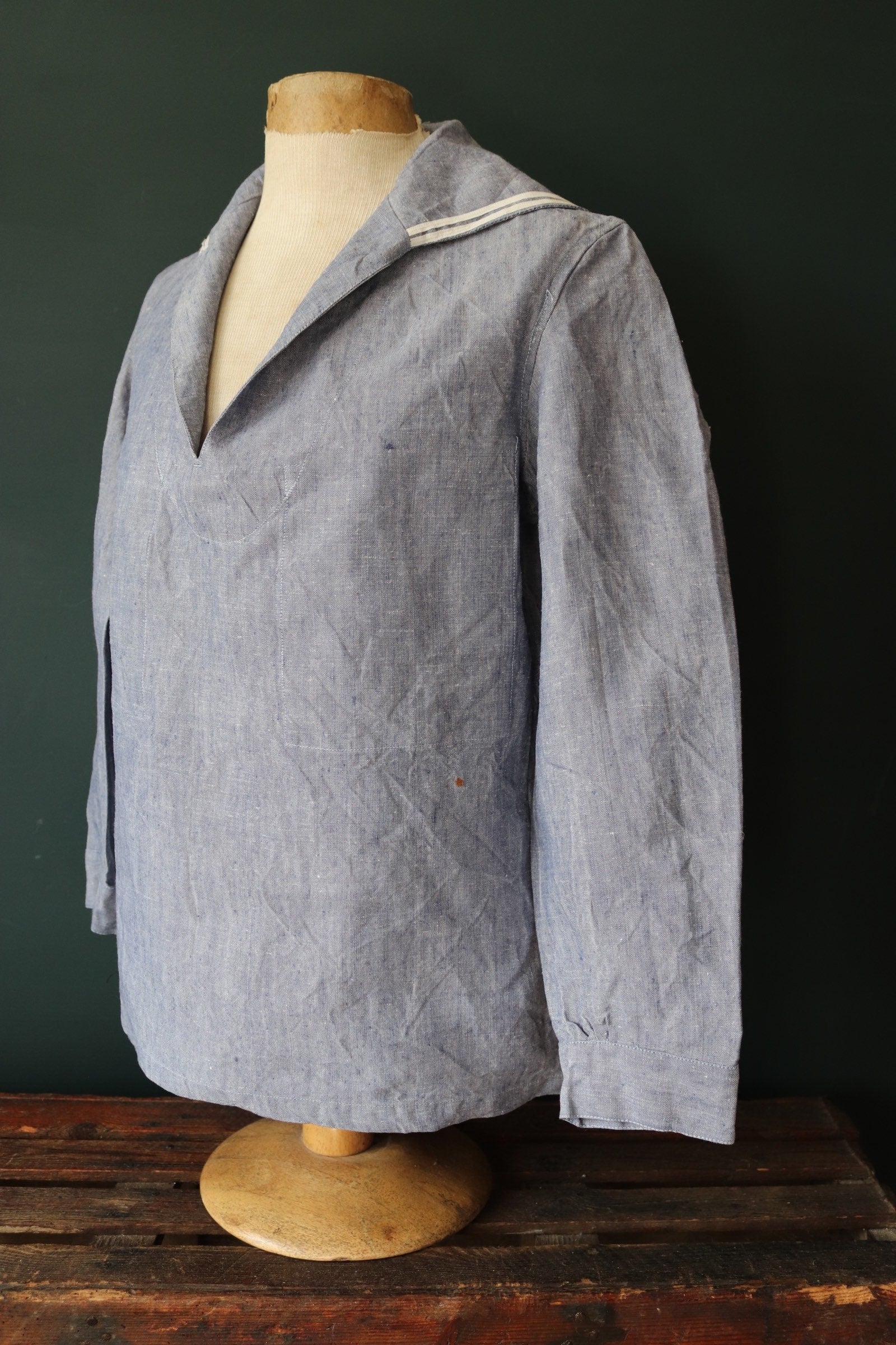 Vintage French linen shirt Marine Nationale 1960s Navy naval crackerjack bib top jumper indigo 43” chest military workwear work sailor