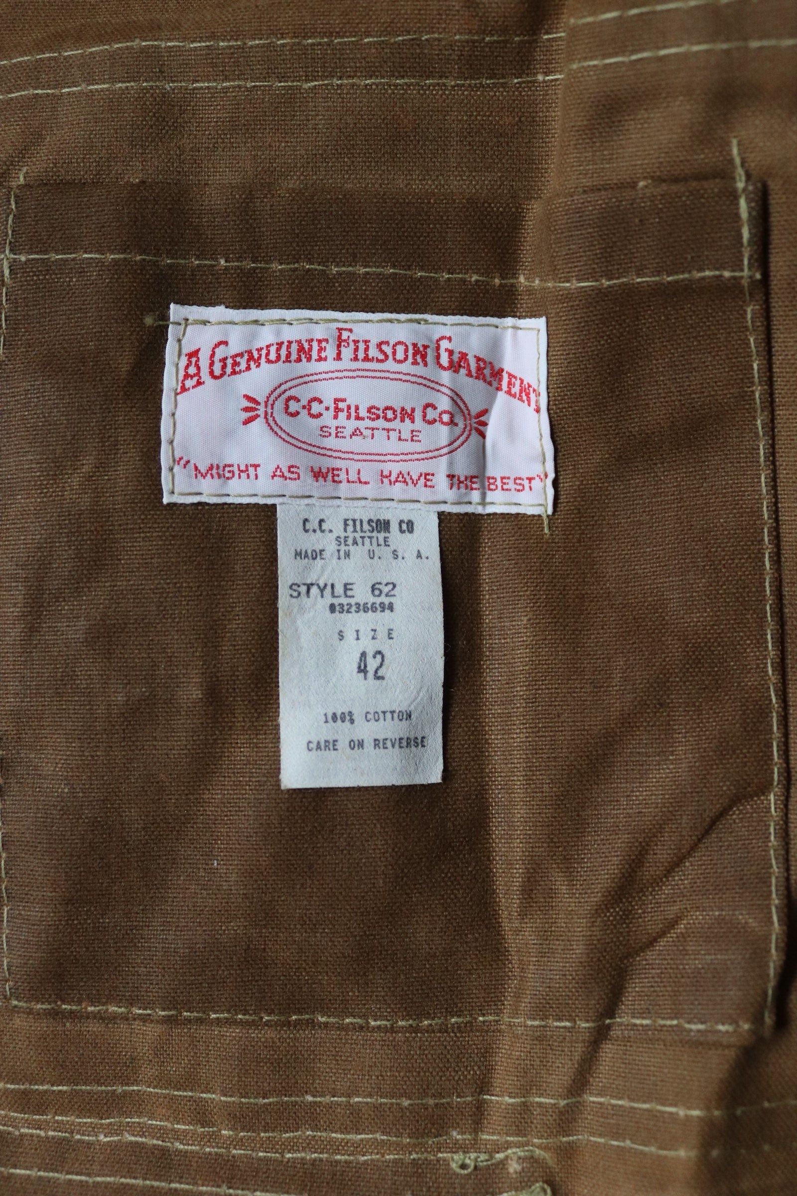 Vintage CC Filson tin cloth paraffin waxed cruiser jacket 49” chest workwear work chore waterproof hunting