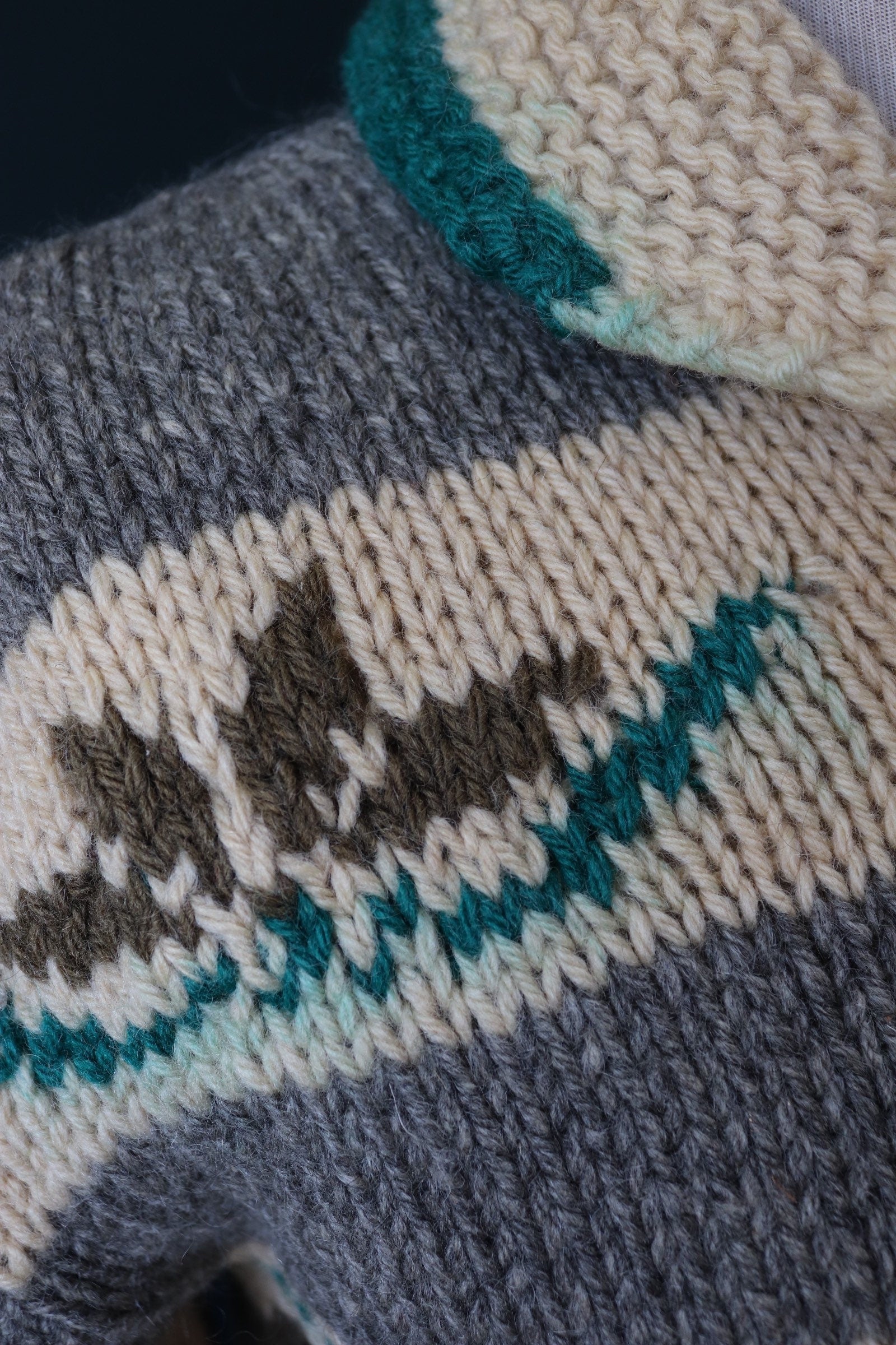 Vintage 1960s hand knitted wool cowichan sweater cardigan jumper knit snowflake cream grey green shawl collar 42” chest
