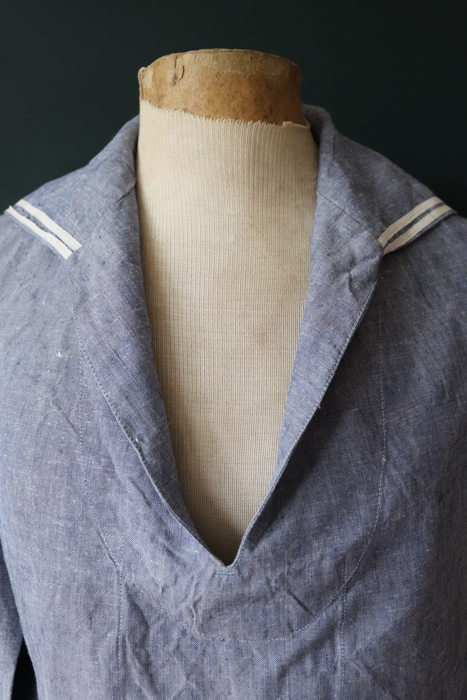 Vintage French linen shirt Marine Nationale 1960s Navy naval crackerjack bib top jumper indigo 43” chest military workwear work sailor