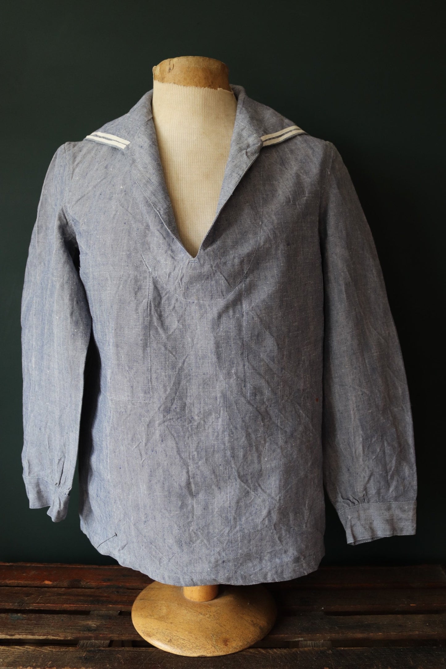 Vintage French linen shirt Marine Nationale 1960s Navy naval crackerjack bib top jumper indigo 43” chest military workwear work sailor