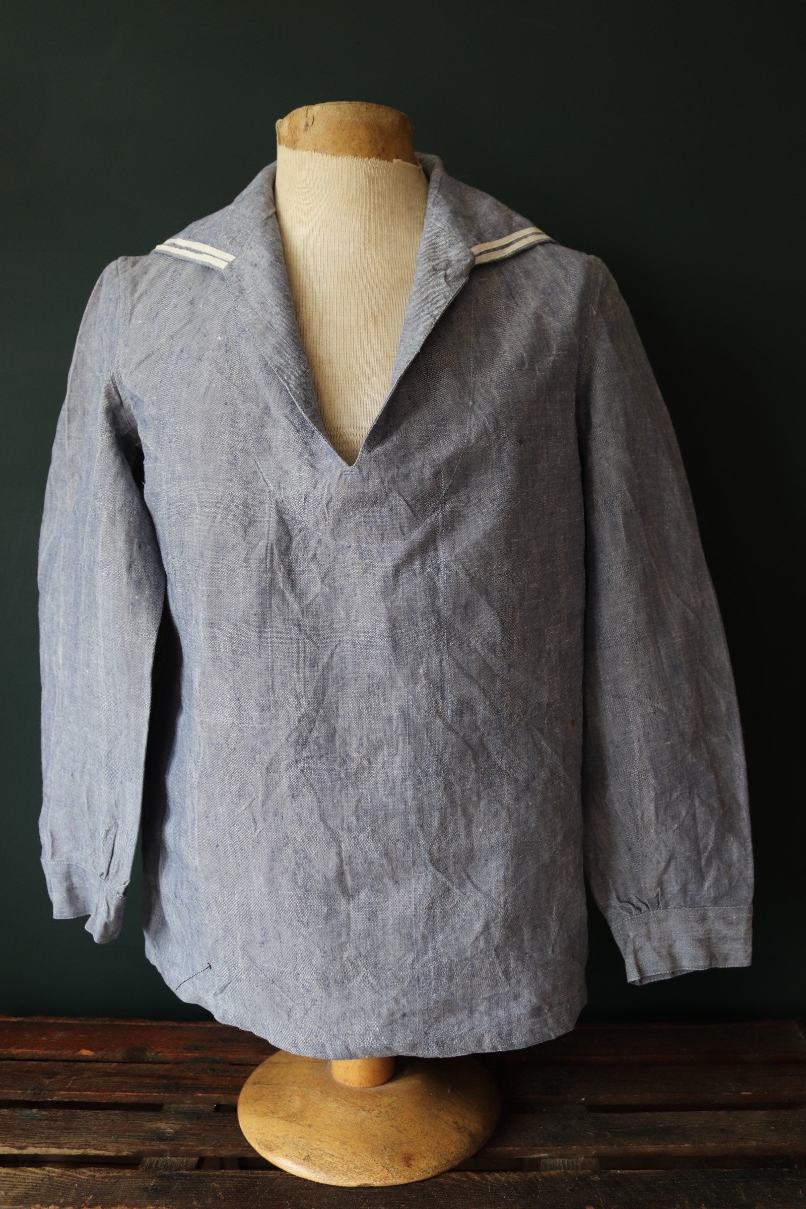 Vintage French linen shirt Marine Nationale 1960s Navy naval crackerjack bib top jumper indigo 43” chest military workwear work sailor