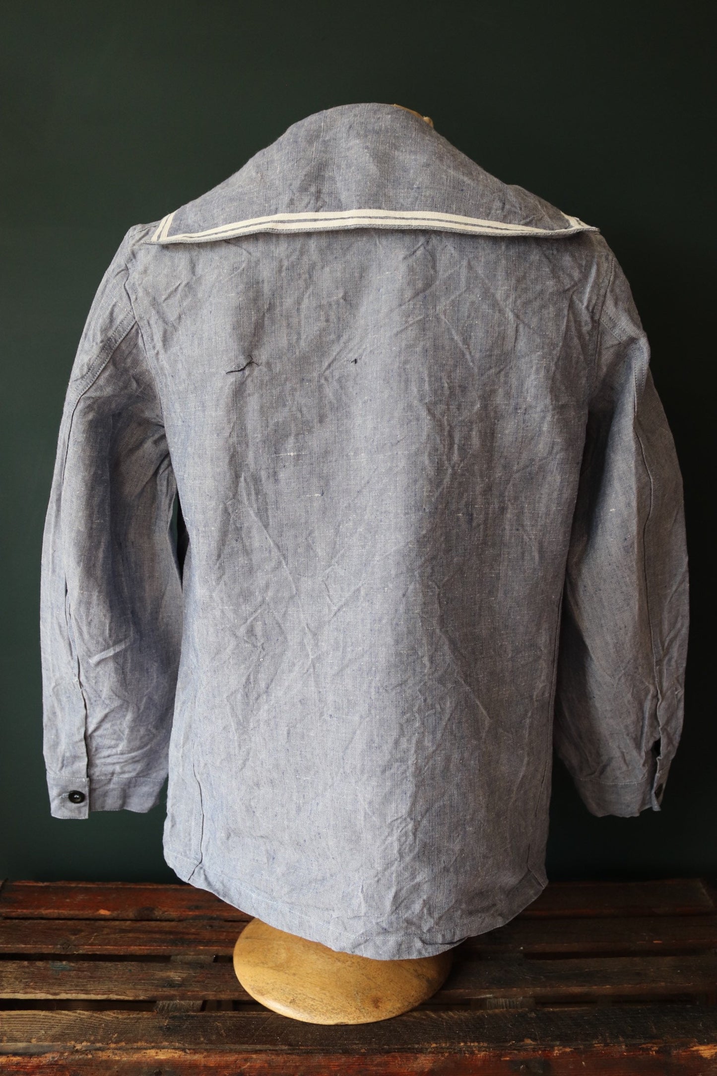 Vintage French linen shirt Marine Nationale 1960s Navy naval crackerjack bib top jumper indigo 43” chest military workwear work sailor