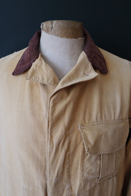 Vintage 1950s workwear jacket - Hinson Bodyguard - tan brown tin cloth cotton canvas - waterproof hunting - 47" chest - American chore