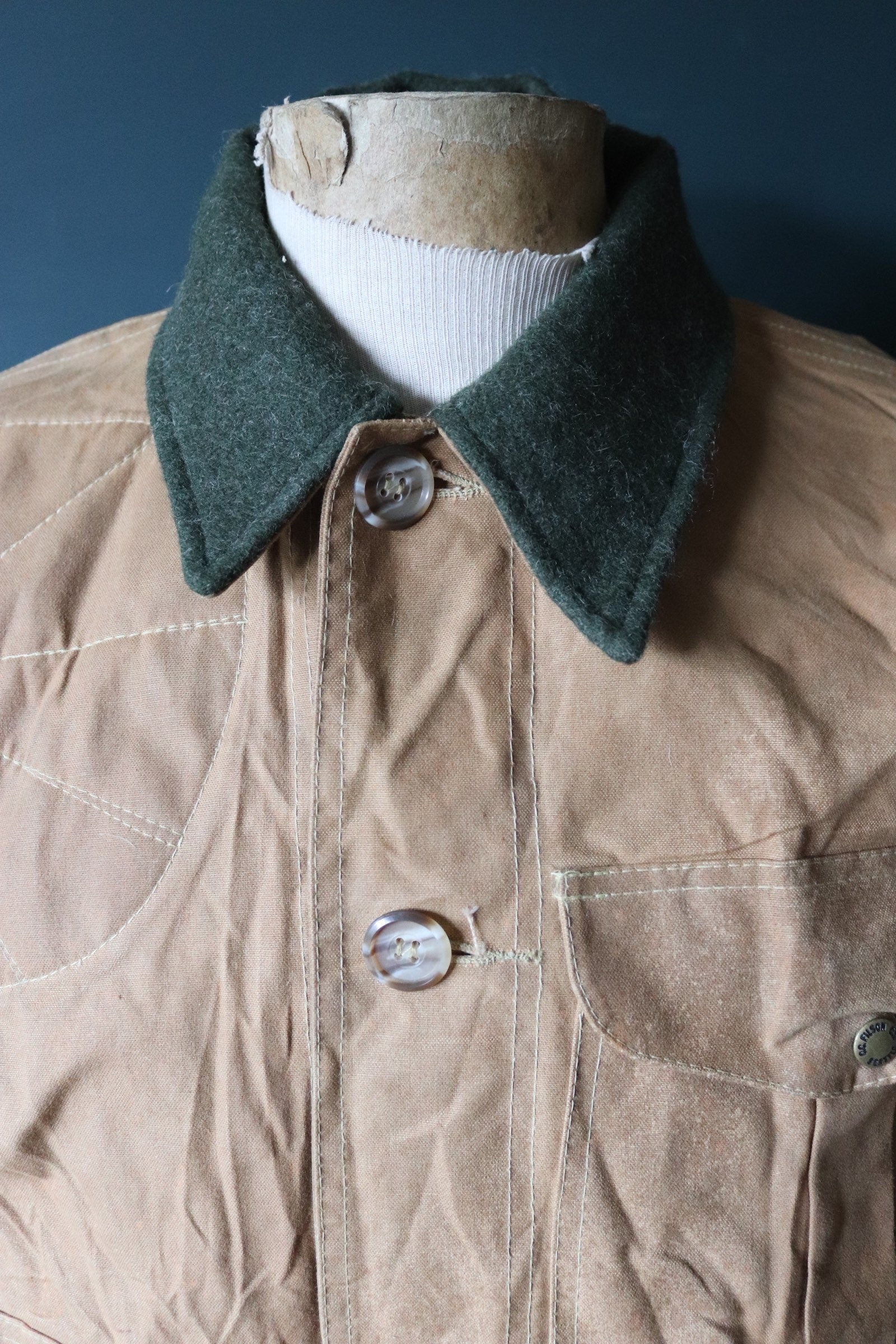 Vintage CC Filson tin cloth paraffin waxed cruiser jacket 49” chest workwear work chore waterproof hunting