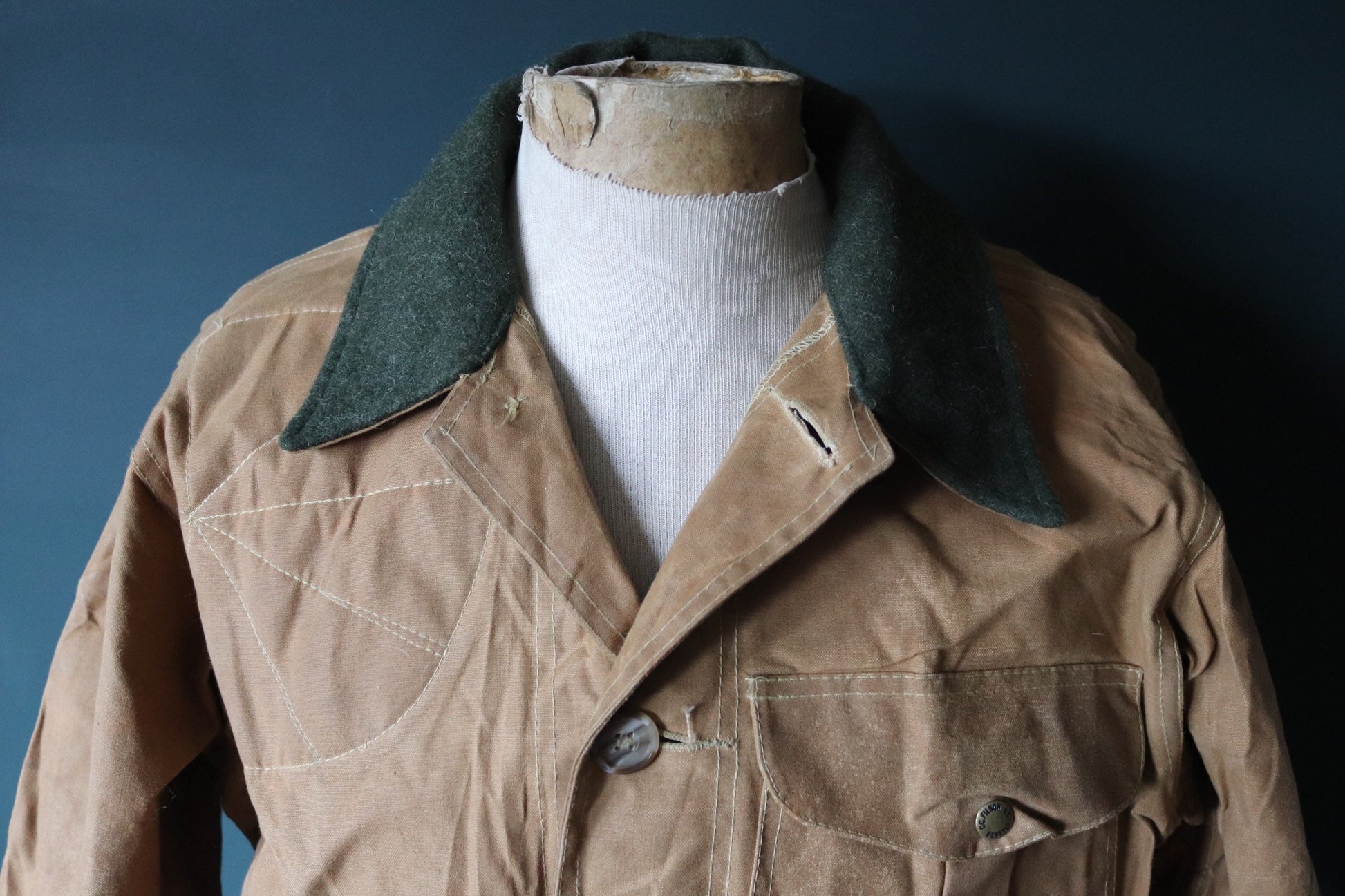 Vintage CC Filson tin cloth paraffin waxed cruiser jacket 49” chest workwear work chore waterproof hunting