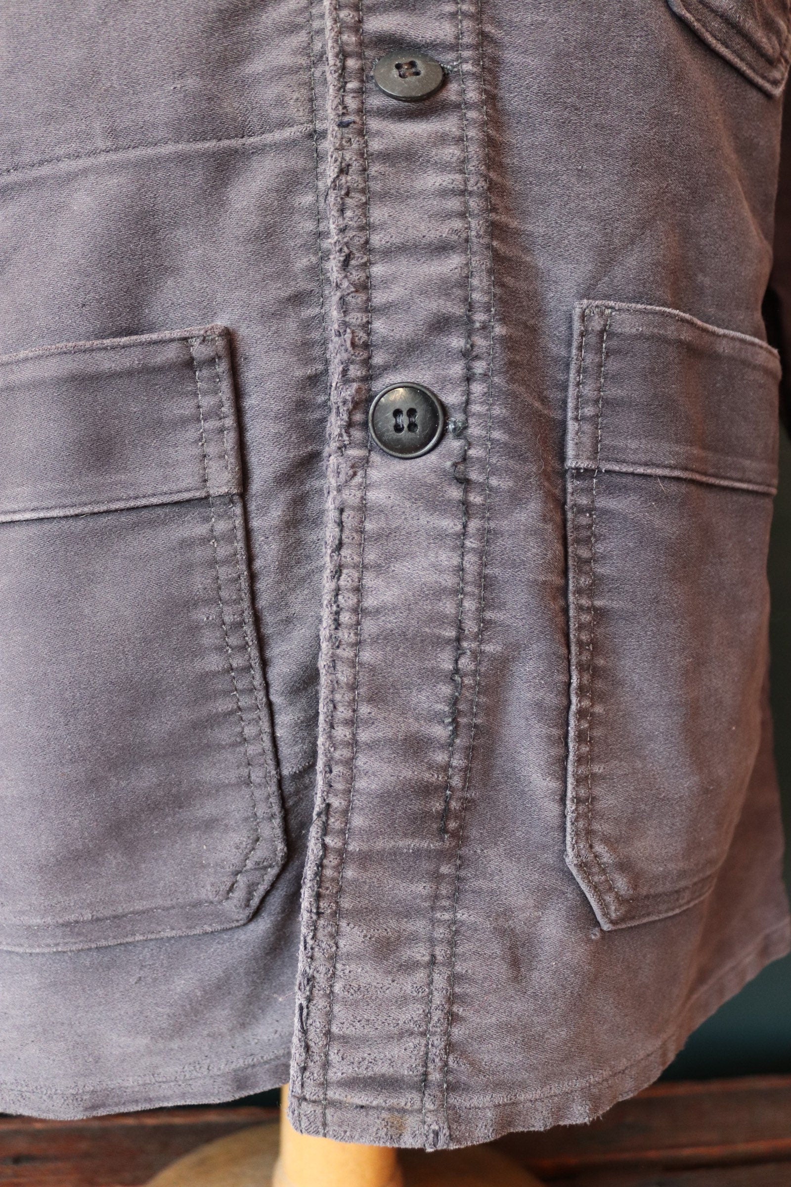 Vintage French chore jacket 1950s workwear Le Mont St Michel black moleskin work faded 39” chest