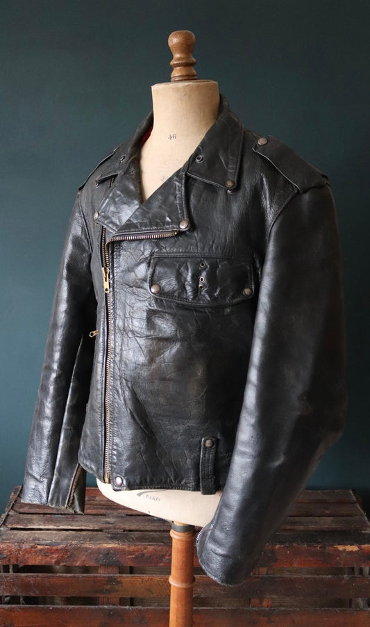 Vintage 1950s 50s leather jacket Buco PJ27 PJ-27 black steerhide biker police 46” chest biker motorcycle