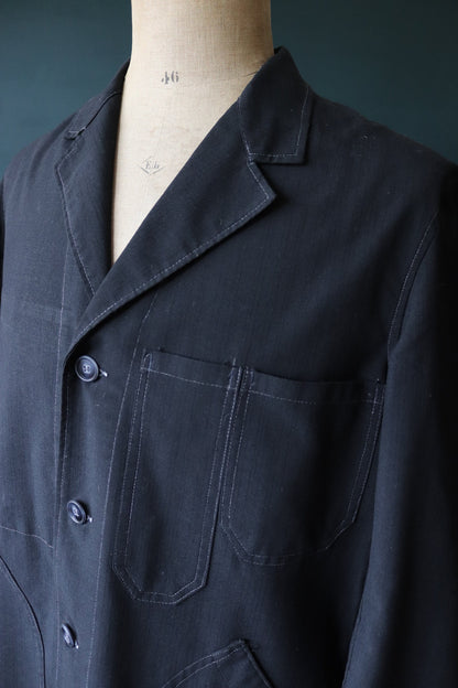 Vintage French workwear jacket 1950s 1960s Vetra black work chore coat maquignon duster machinist 46” chest
