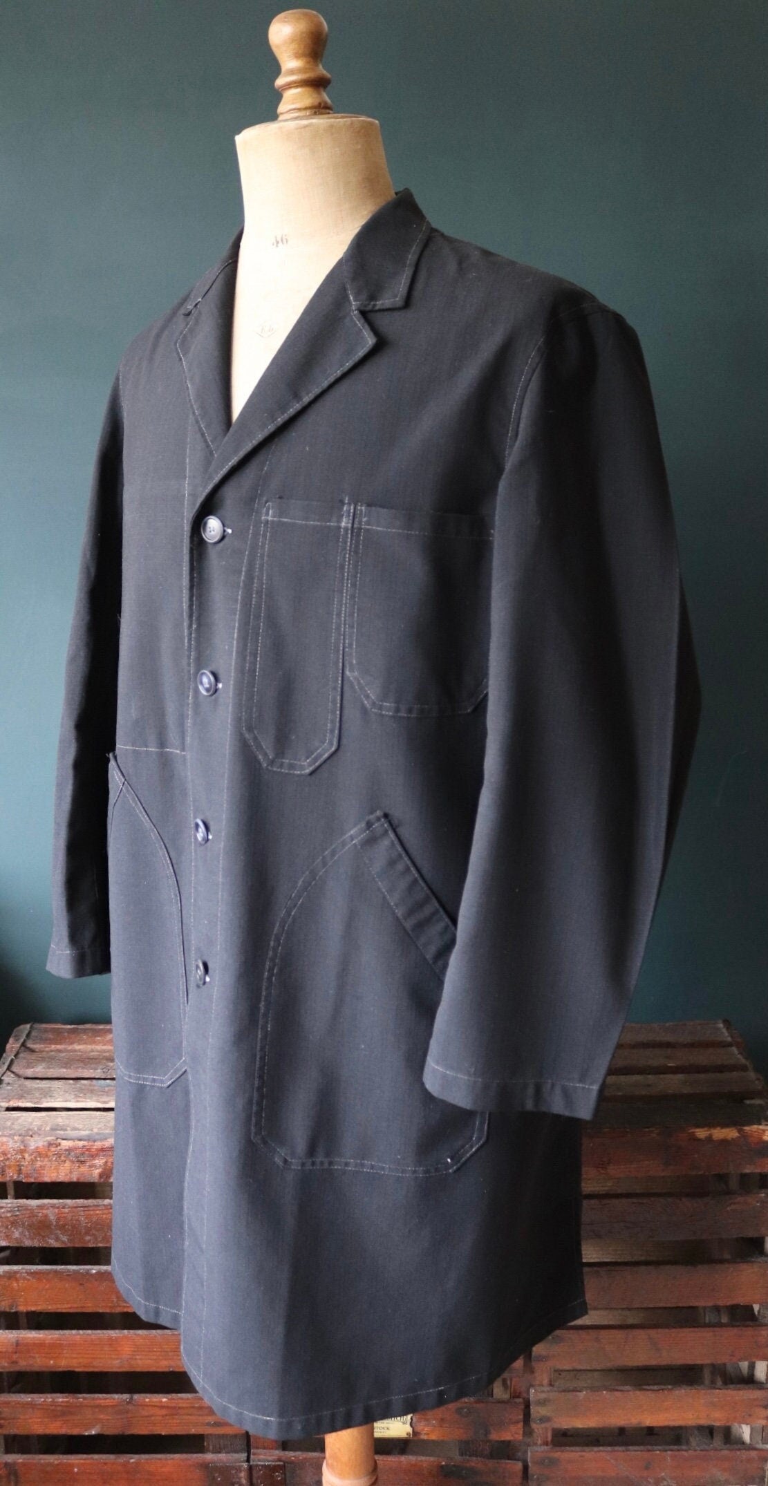 Vintage French workwear jacket 1950s 1960s Vetra black work chore coat maquignon duster machinist 46” chest