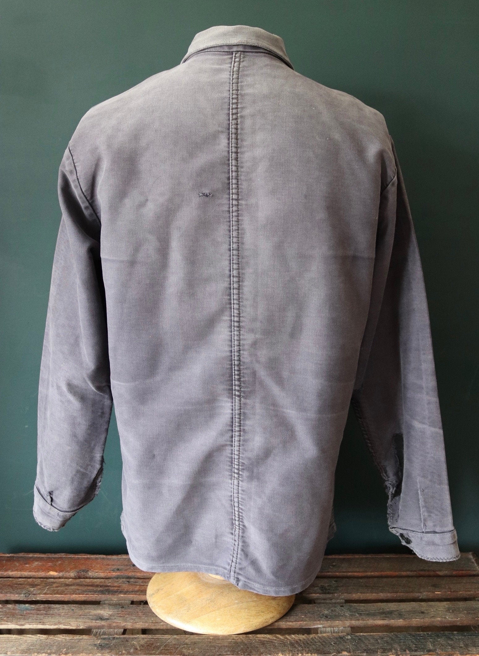 Vintage French black moleskin chore jacket 1950s workwear work faded repaired darned patched 43” chest