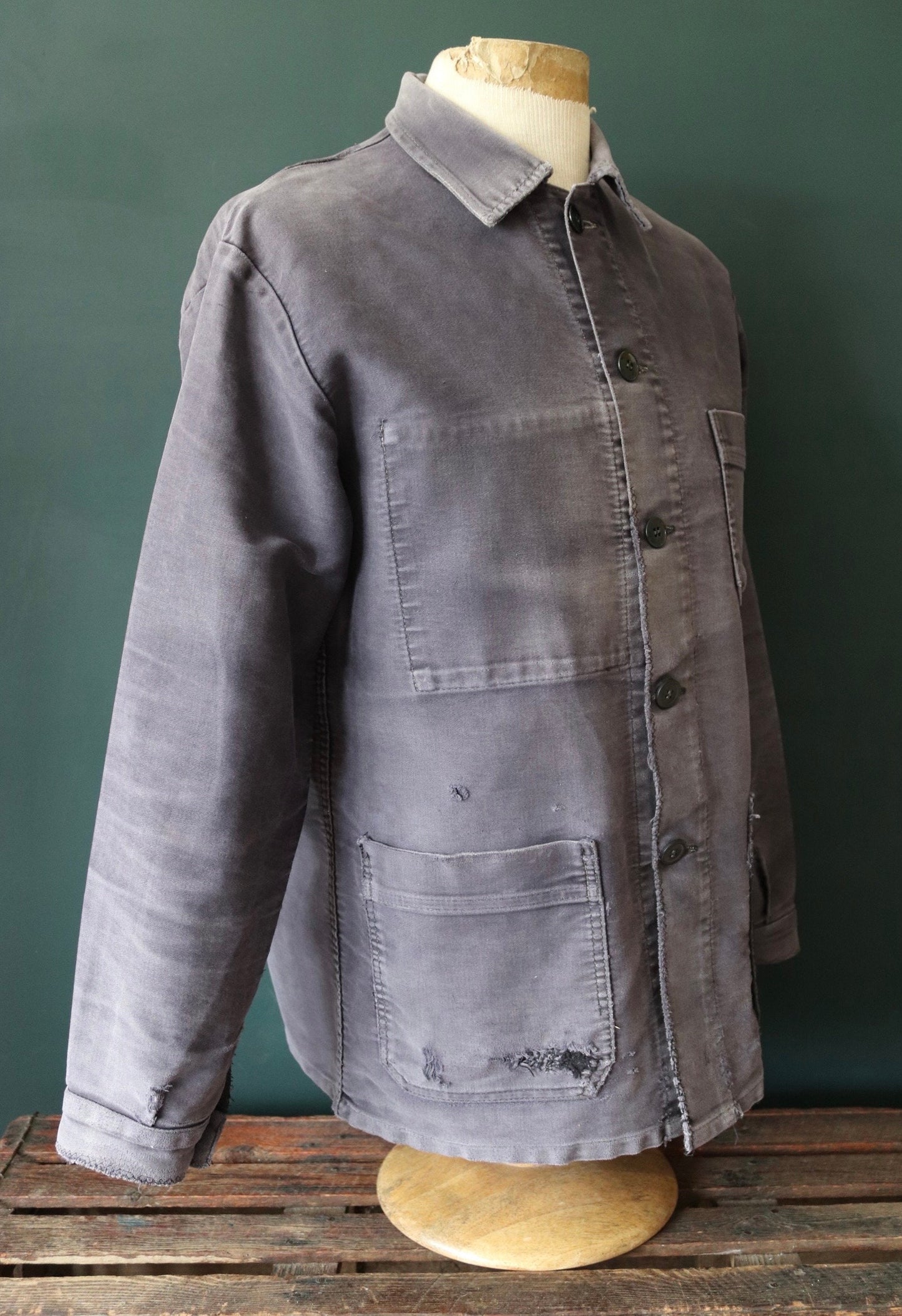 Vintage French black moleskin chore jacket 1950s workwear work faded repaired darned patched 43” chest