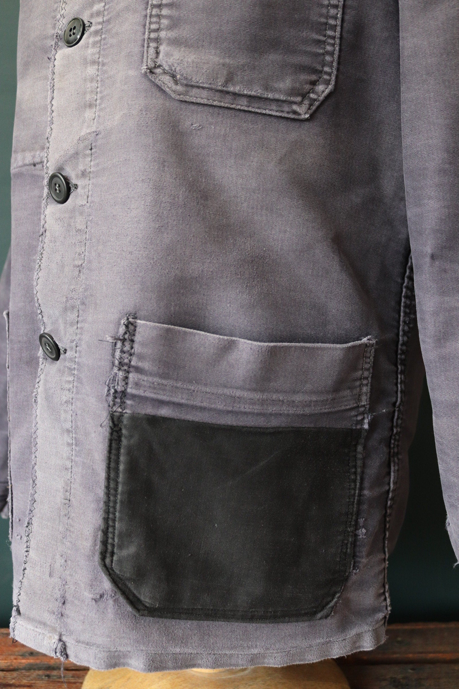 Vintage 1950s French black moleskin chore jacket - darned workwear - faded repaired patched - 43” chest