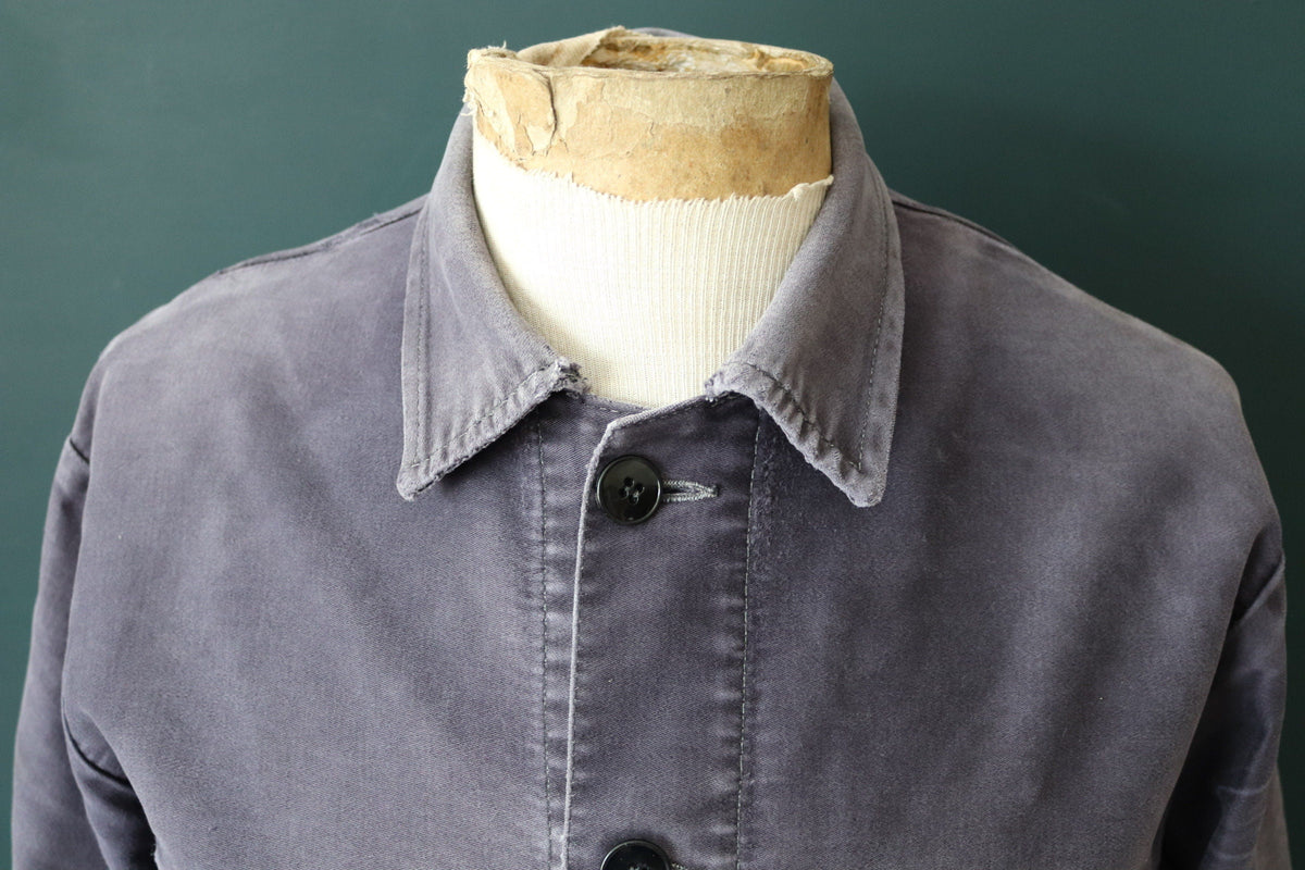 Vintage 1950s French black moleskin chore jacket - darned workwear - faded repaired patched - 43” chest