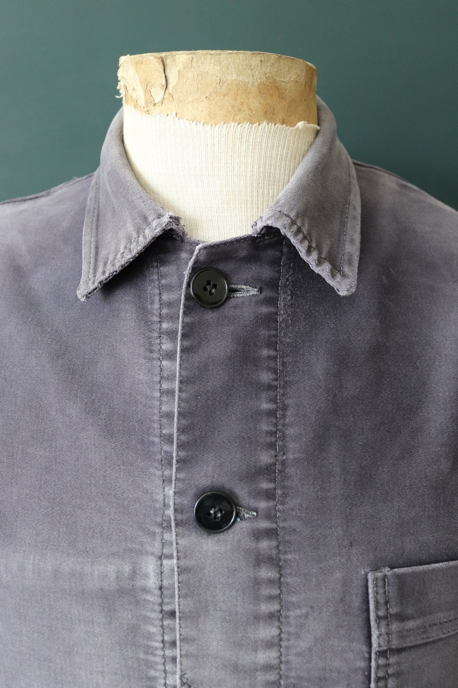 Vintage French black moleskin chore jacket 1950s workwear work faded repaired darned patched 43” chest
