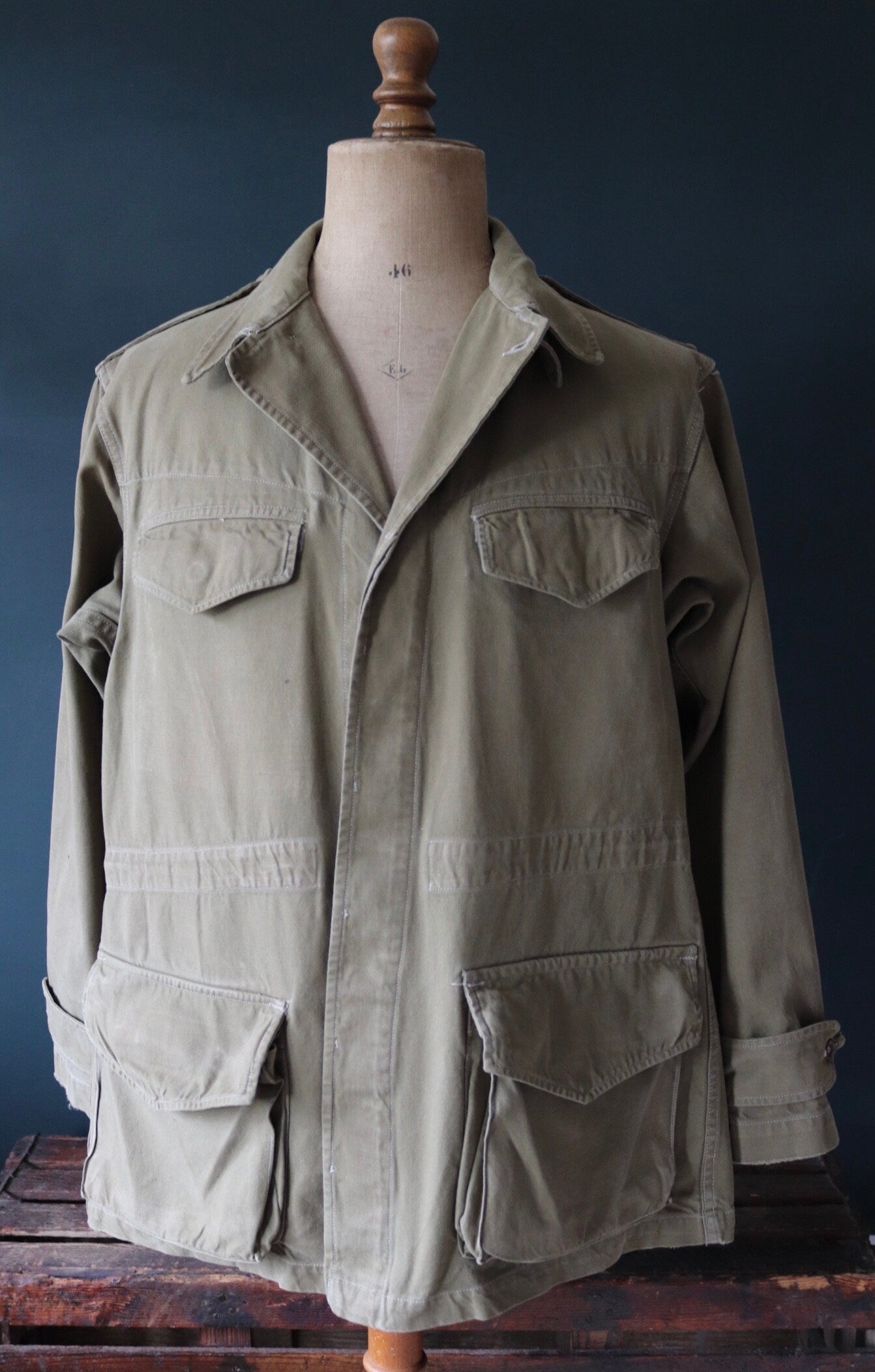 Vintage French army jacket 1950s M47 M 47 field utility military 47” chest khaki green