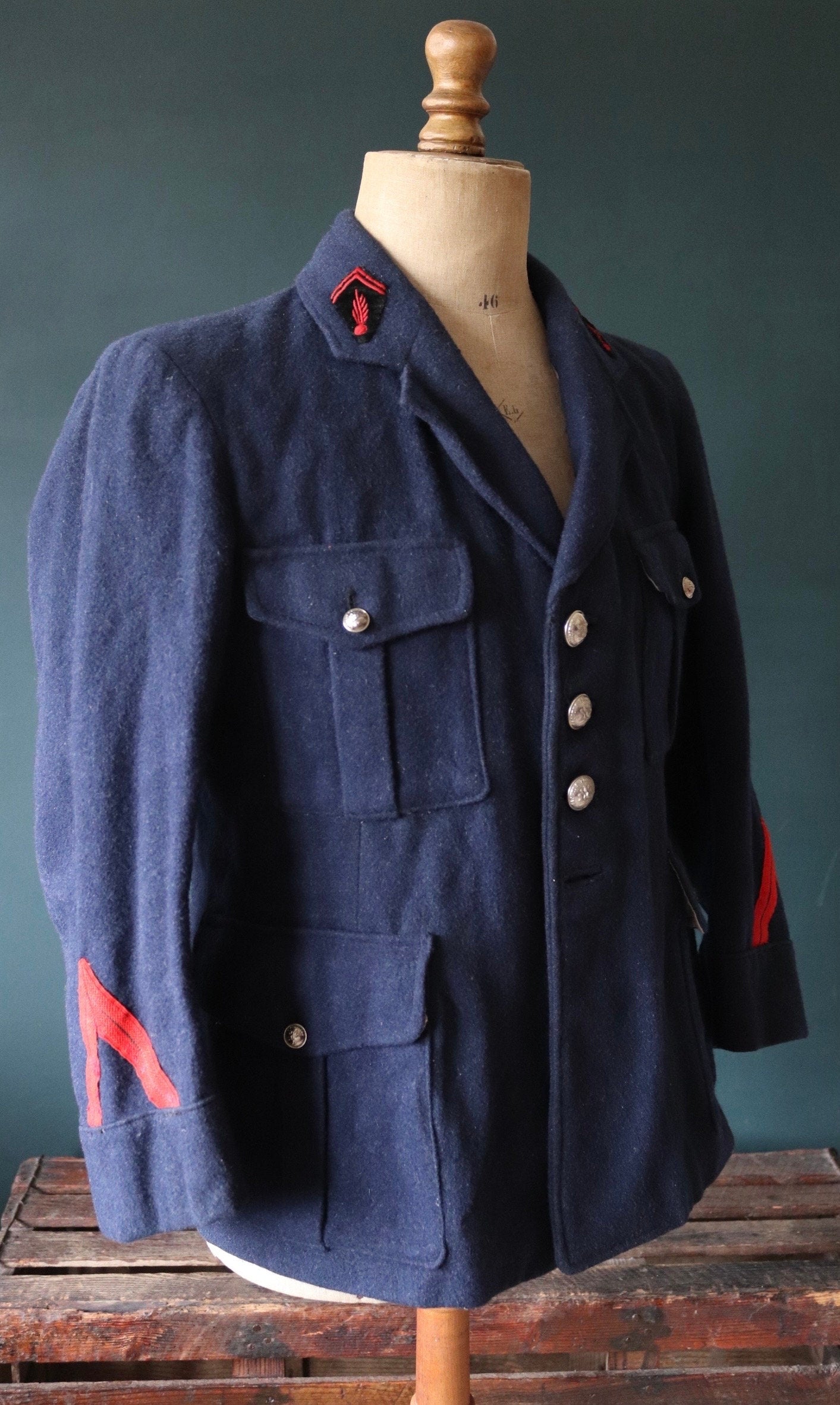 Vintage 1930s wool jacket French workwear Belle Jardiniere indigo blue fireman’s sapeurs pompiers 41” chest