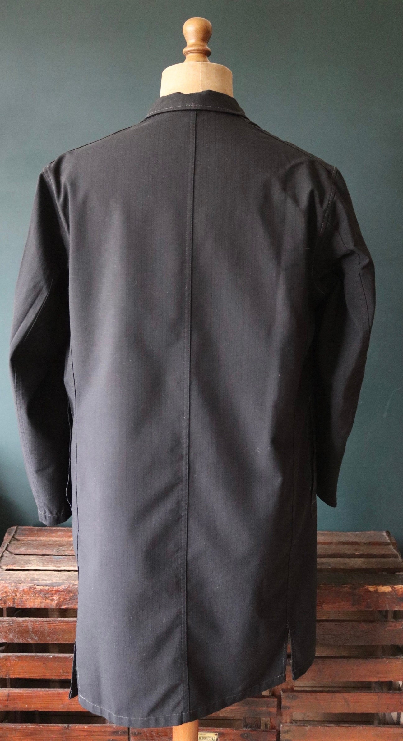 Vintage French workwear jacket 1950s 1960s Vetra black work chore coat maquignon duster machinist 46” chest