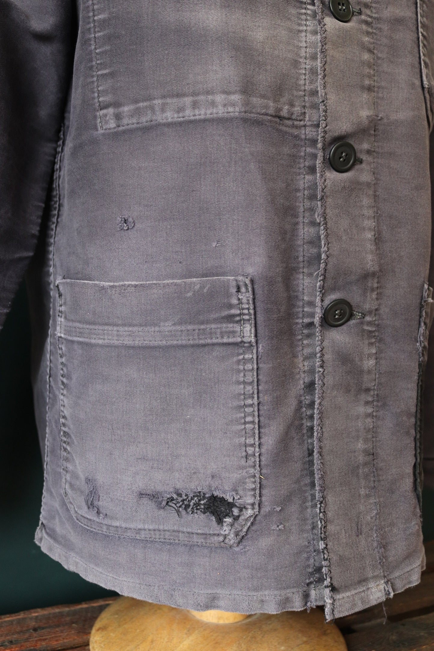 Vintage 1950s French black moleskin chore jacket - darned workwear - faded repaired patched - 43” chest