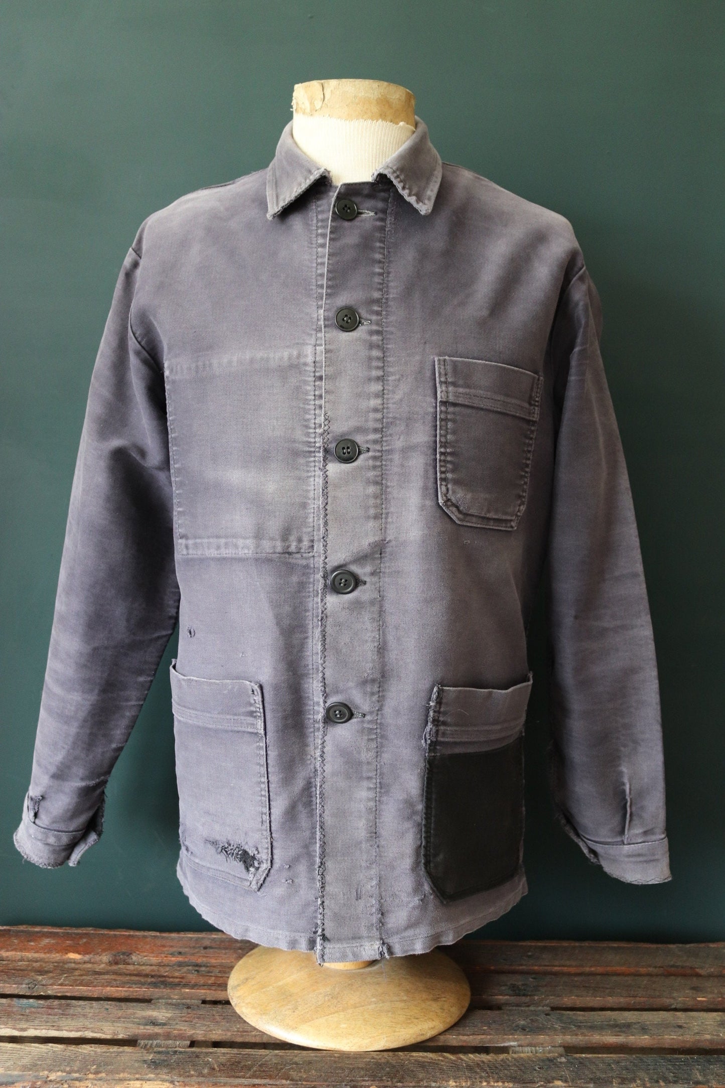 Vintage French black moleskin chore jacket 1950s workwear work faded repaired darned patched 43” chest