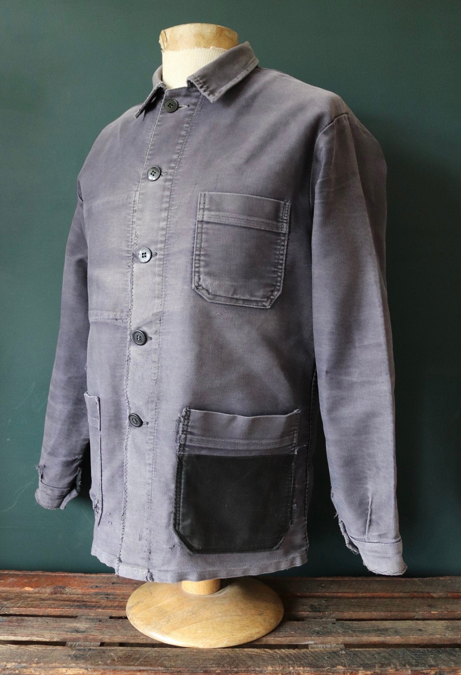 Vintage French black moleskin chore jacket 1950s workwear work faded repaired darned patched 43” chest