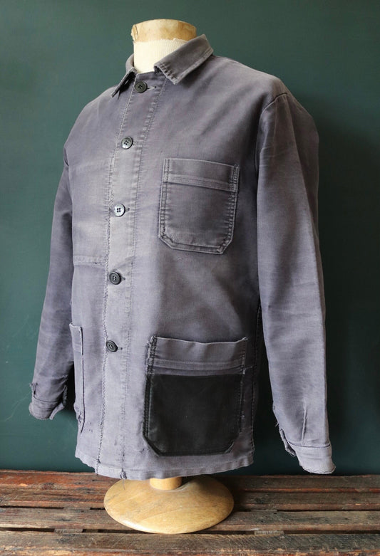 Vintage French black moleskin chore jacket 1950s workwear work faded repaired darned patched 43” chest