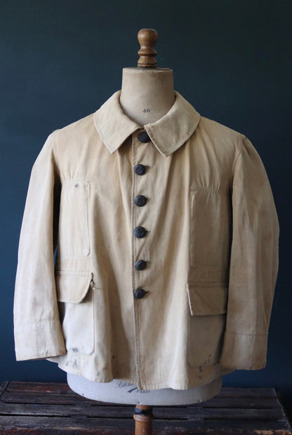 Vintage French bourgeron jacket army military workwear 1920s 1930s work cropped 46” chest khaki tan brown