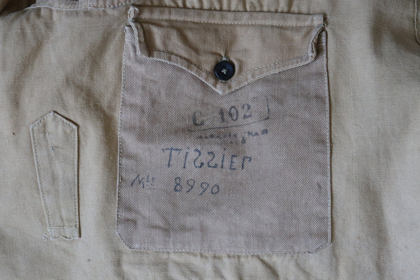 Vintage French bourgeron jacket army military workwear 1920s 1930s work cropped 46” chest khaki tan brown