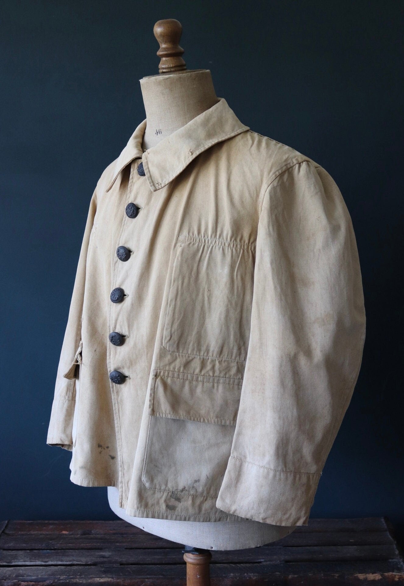 Vintage French bourgeron jacket army military workwear 1920s 1930s work cropped 46” chest khaki tan brown
