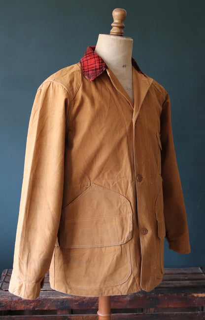 Vintage 1940s 40s Bullseye Bill tan brown duck cotton canvas jacket hunting shooting American Talon zipper 46” chest workwear chore work