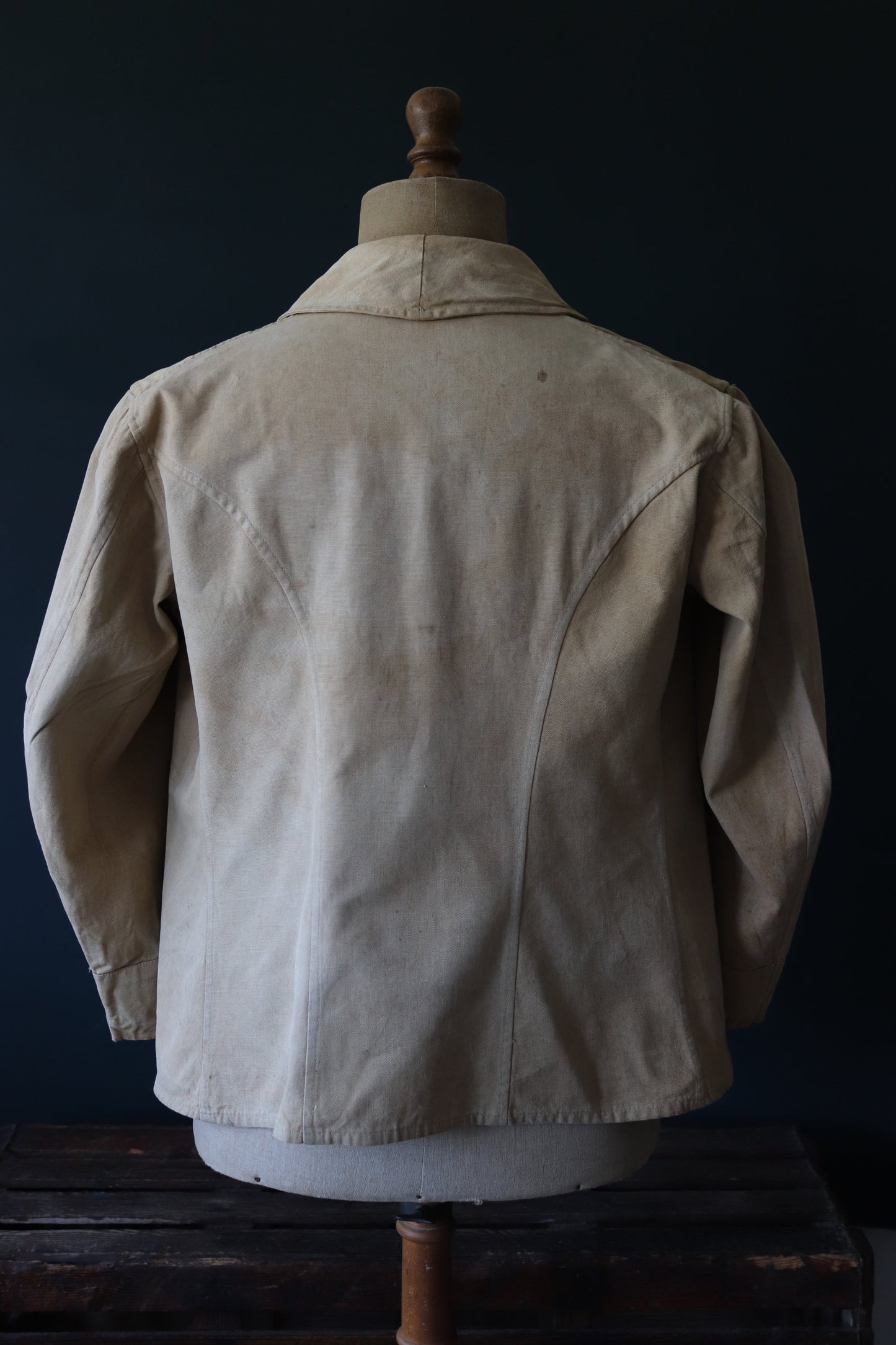 Vintage French bourgeron jacket army military workwear 1920s 1930s work cropped 46” chest khaki tan brown