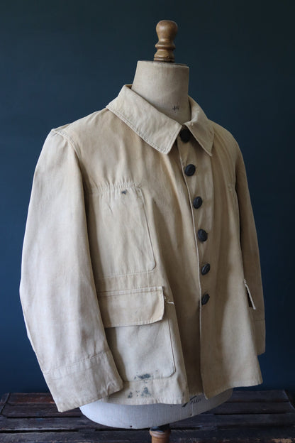 Vintage French bourgeron jacket army military workwear 1920s 1930s work cropped 46” chest khaki tan brown