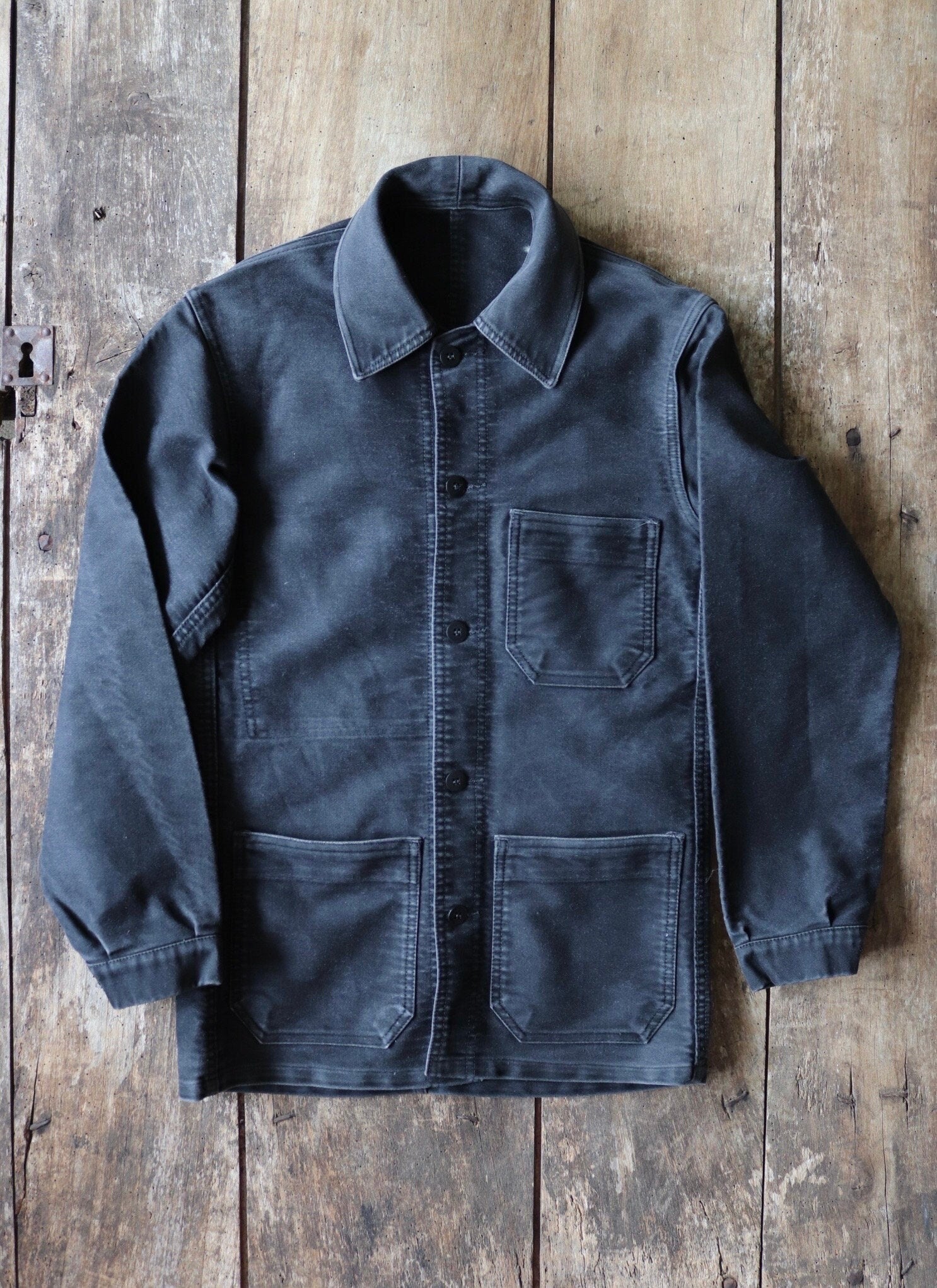 Vintage French workwear jacket black moleskin 1940s 1950s work chore darned repaired 34” chest