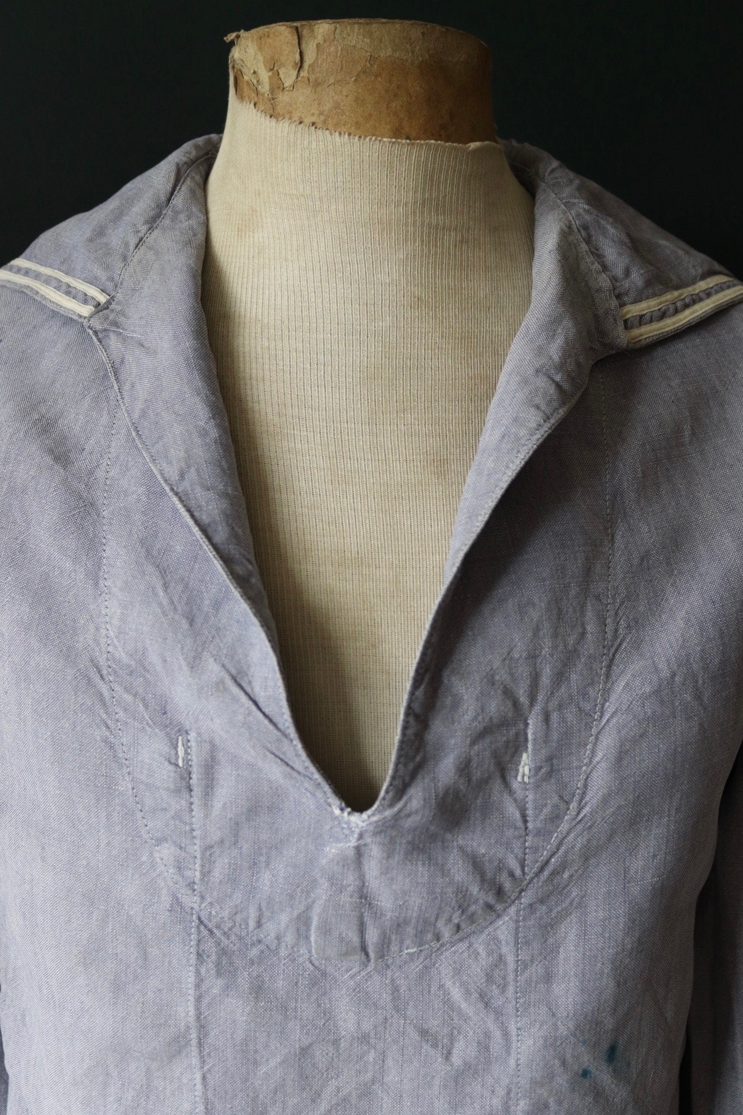 Vintage French linen shirt 1960s Marine Nationale Navy naval crackerjack bib top jumper indigo 42” chest military workwear work sailor
