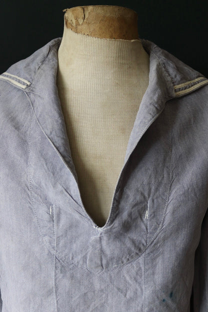 Vintage French linen shirt 1960s Marine Nationale Navy naval crackerjack bib top jumper indigo 42” chest military workwear work sailor