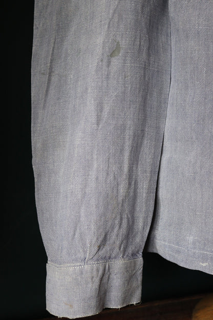 Vintage French blue linen shirt - 1960s Marine Nationale - Navy sailor - crackerjack bib top jumper - 42” chest - military workwear